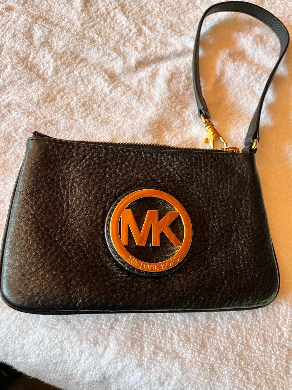 Michael Kors Black Leather Wristlet with Gold MK Emblem